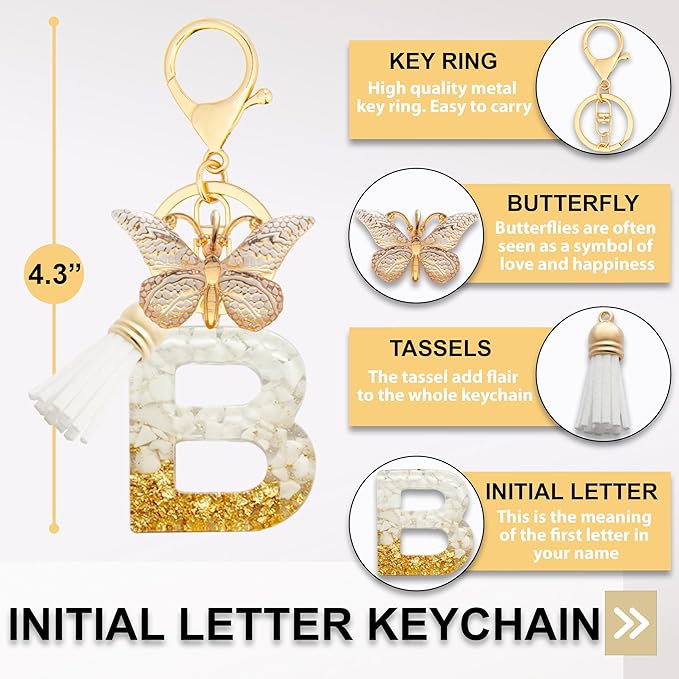 Initial Letter Keychain, Butterfly Keychain Cute Resin, Initial Keychain Backpack Charms, Key chain for Women, Girls