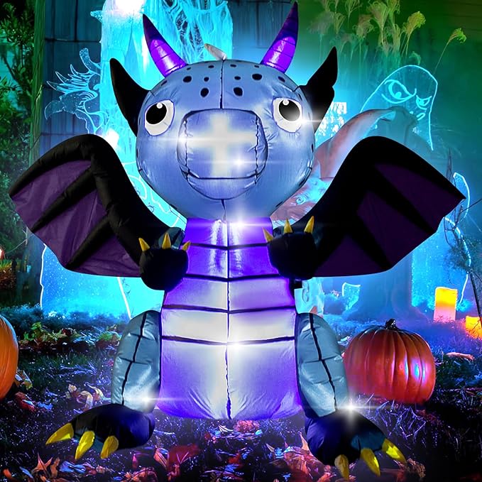 4FT Halloween Pterosaur Blow up Dinosaur Halloween Inflatable Black Purple Dragon Halloween Dragon Inflatable Decoration with LED Lights Outdoor Indoor Holiday Graden Yard Decor