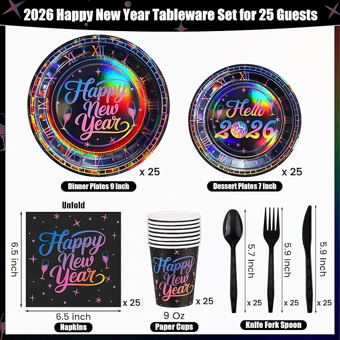 175 Pieces 2026 Happy New Year Iridescent Paper Plates Party Supplies Decorations Eve New Year Party Tableware Set Dinnerware Paper Plates Napkins Cups Cutlery Supplies, Serve for 25 Guest