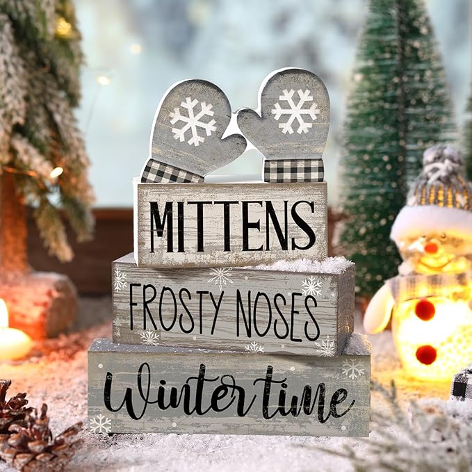 4 Pcs Christmas Table Decorations Wooden Gloves Decor Winter Tiered Tray Decor Rustic Snowflake Block Signs Gift Farmhouse Christmas Centerpiece for Winter Wonderland Party Kitchen Home
