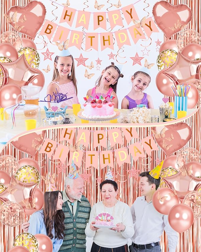 Rose Gold Happy Birthday Party Decorations, Happy Birthday Banner, Rose Gold Foil Heart Star Confetti Balloons Curtain Backdrop Hanging Swirls Party Decor for Girls Women Princess