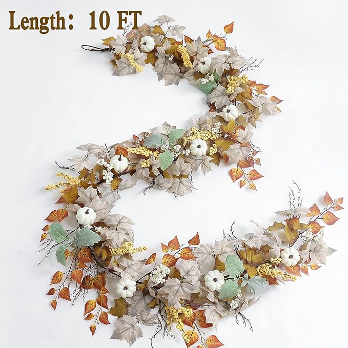 MIZII Fall Decor Artificial Maples Leaf Pumpkin Garland 10FT Autumn Maple Vines Garland Thanksgiving Halloween Harvest Decorations for Home Porch Mantle Fireplace Farmhouse Outdoor Indoor (10FT,Fall)