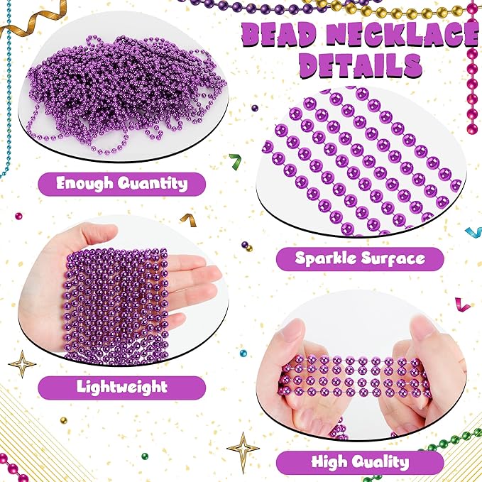 24 PCS Purple Beads Party Favors, 33" Purple Beads Necklaces Bulk, Mardi Gras Beaded Costume Necklaces for Parade Throws, Beaded Accessory Set for Carnival Festive Celebrations Event