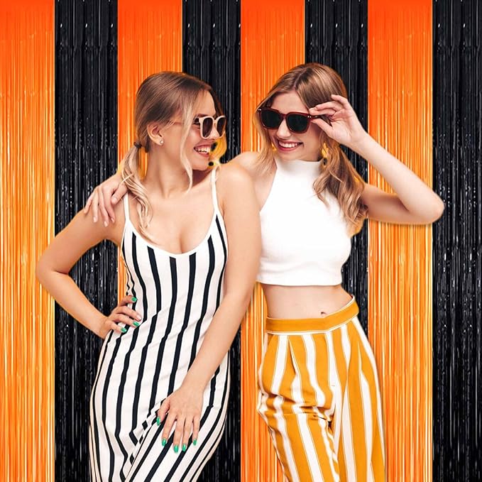 3 Pack Black Orange Foil Fringe Curtains Backdrop, 3.28 x 8.2 Ft Metallic Streamers Tinsel Curtains Background for Photo Booth, Birthday, Christmas, Halloween, New Year Party Decorations
