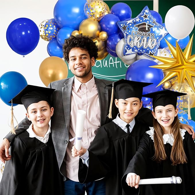 Blue Gold White Balloons Arch Kit with Explosion Star 4D Gold Foil Balloon Royal Blue White Golden Confetti Balloons Garland for Blue 2025 Graduation Decoration Birthday Baby Shower Party
