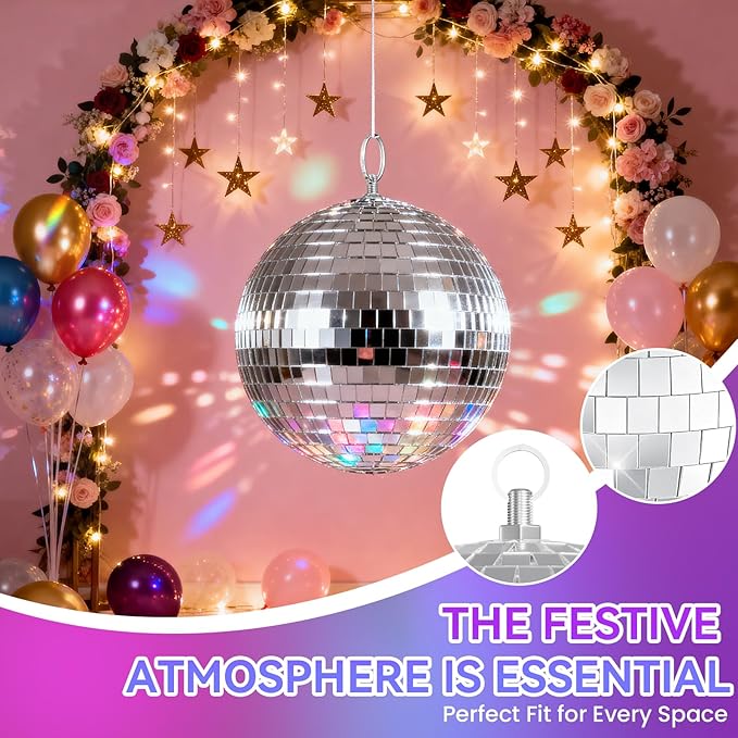 8-Inch Disco Ball 2-Pack – Silver Hanging Mirror Ball with String, Reflective Disco Ball Decorations for Weddings, Birthdays, Classrooms, Home, DIY, Indoor & Outdoor Events