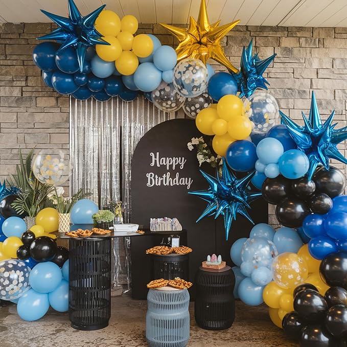 120PCS Blue and Yellow Balloon Arch Kit, Light Blue Yellow White DIY Cartoon Theme with 2pcs 4D Star for Theme Birthday Anniversary Graduation Baby Shower Party Decorations