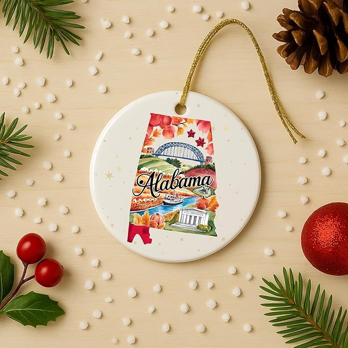 Alabama State Landmark Ceramic Ornament – Round Glossy Christmas Decoration Featuring U.S. State Art, Landmarks & Holiday Scenery – Collectible Travel Souvenir Ornament Series