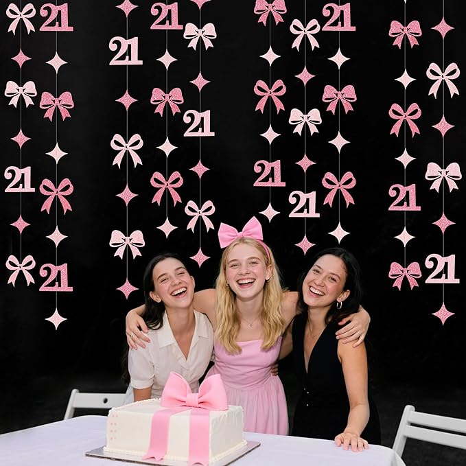 Glitter Pink 21st Bow Birthday Decorations Hot Pink Conquette Bow Garland Streamer Banner Backdrop for Girls Happy 21st Birthday Finally Legal Cheers to 21 Years Old Anniversary Party Supplies