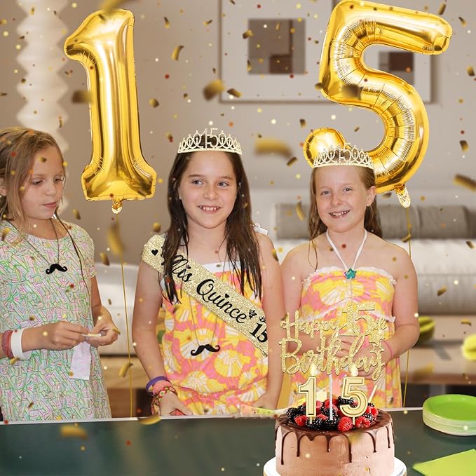 15th Birthday Decorations for Girls Gold with15th Birthday Crown and Sash, Candles and Cake Topper, Number Balloons, Sweet 15 Year Old Gifts for Girls