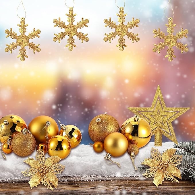 Sratte 94 Pcs Christmas Tree Decorations Set, Christmas Tree Ball Ornaments Glitter Poinsettia Flowers Decorations Glitter Berries Stems for Xmas Holiday Wedding(Gold)