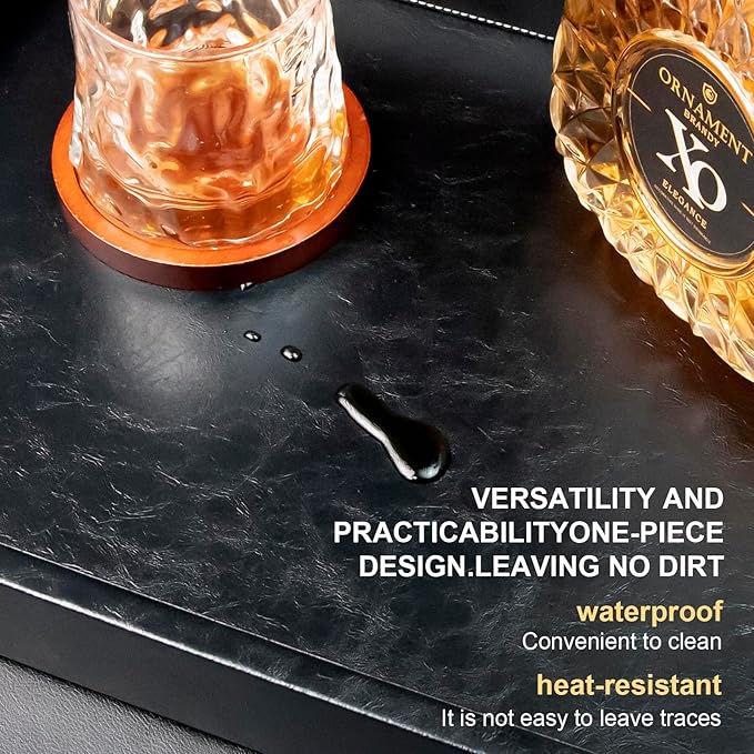 35 * 35 inches Leather Rectangle Serving Tray with Hole Handles,High-End Light Large Service Tray for Ottoman Tray, Tea, Food, Butler - Countertop, Kitchen,Family Dinner, Picnic (Black)