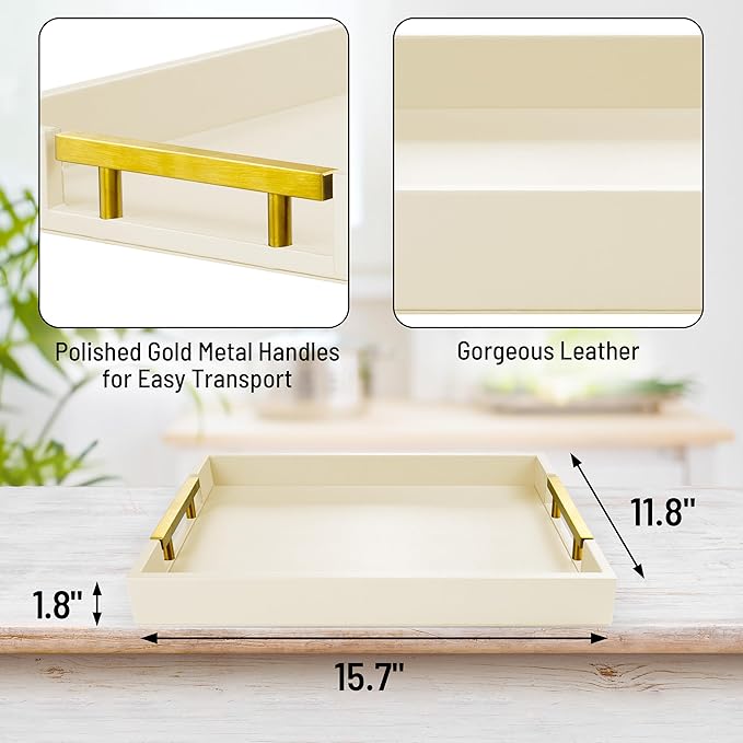 Leather Serving Tray with Gold Polished Metal Handles, Home Decorative Wooden Rectangle Ottoman Decor Platter Bathroom Vanity Tray for All Occasions Cream