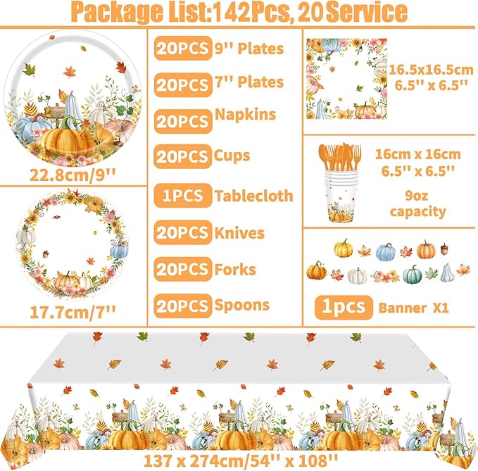 142 Pcs Thanksgiving Party Supplies, Plates and Napkins Set, Disposable Party Plates for Fall Harvest Autumn Fall Harvest Party Supply Thanksgiving Decor Serves 20