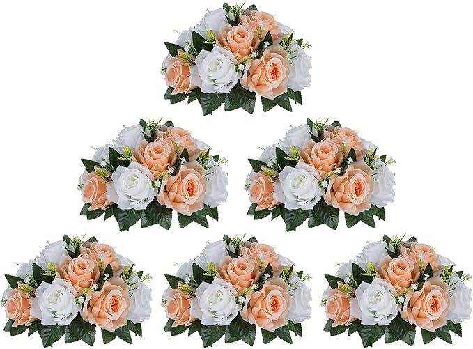 BLOSMON Rose Flower Balls Centerpieces: 6pcs 9.5 Inch Peach Fuzz Fake Flowers Kissing Balls Decor Artificial Wedding Floral Arrangements Silk Bouquet with Base Home Party Room Table DIY Decorations