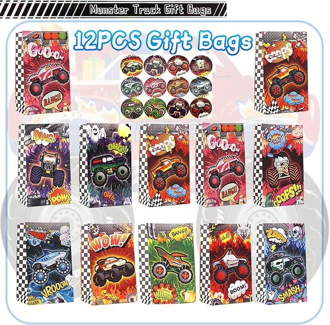 110PCS Monster Truck Party Favors Set,Monster Jam Birthday Decorations Including Truck Theme Slap Bracelets Keychains Gift Bags DIY Stickers Drinking Straws People Monster Truck Birthday Supplies