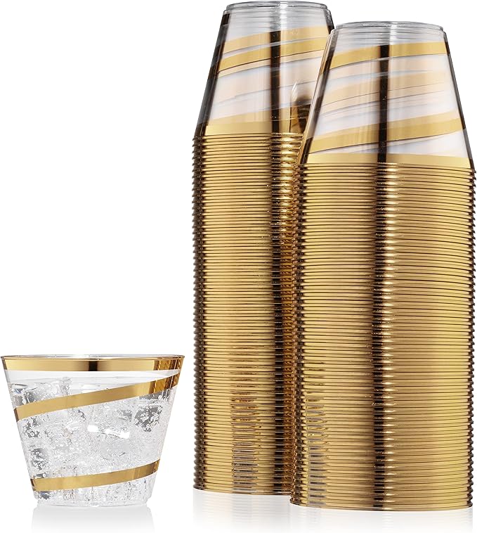 Perfect Settings 110 Gold Swirl Clear Plastic Cups 9 Ounce - Holiday Wedding Party Elegant Trimmed Disposable Cups - Fancy Wedding Cups