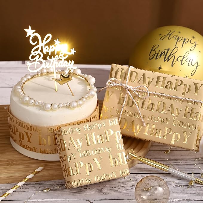 WRAPAHOLIC Jumbo 3D Kraft Birthday Wrapping Paper Roll - 30 Inch x 16.5 Feet - Gold and Brown Happy Birthday Wrapping Paper with Embossed Perfect for Holiday, Party Celebration