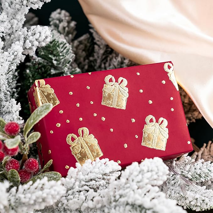 WRAPAHOLIC 3D Kraft Wrapping Paper Roll - Mini Roll - 17 Inch x 16.5 Feet - Gold and Red Christmas Presents Design with Embossed Perfect for Holiday, Party Celebration