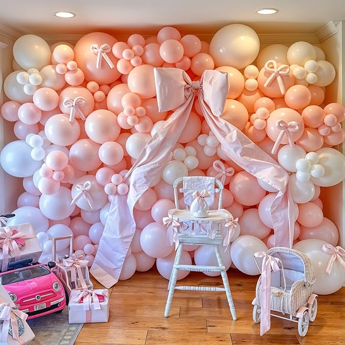 Pink Bow Balloon Arch Kit Pink and White Balloons Garland 91 Pcs Coquette Birthday Decor White Pastel Light Pink Bow Balloon for Girls Princess Bridal Baby Shower Birthday Party Decorations