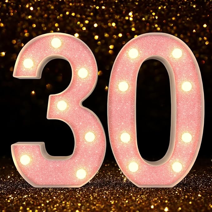 Marquee Light up Numbers 0-9, Battery Powered LED Light, Pink Glitter Plastic for 30th Birthday Decorations, Graduation Engagement Wedding Decor (Number 30)