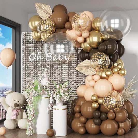 Brown Balloon Arch Kit 18 in Clear Balloons Shades of Brown Cream Dark Coffee Nude Beige Champagne Gold Confetti Balloons for Thanksgiving Fall Boho Cow Rodeo Baby Shower Birthday Party Decor