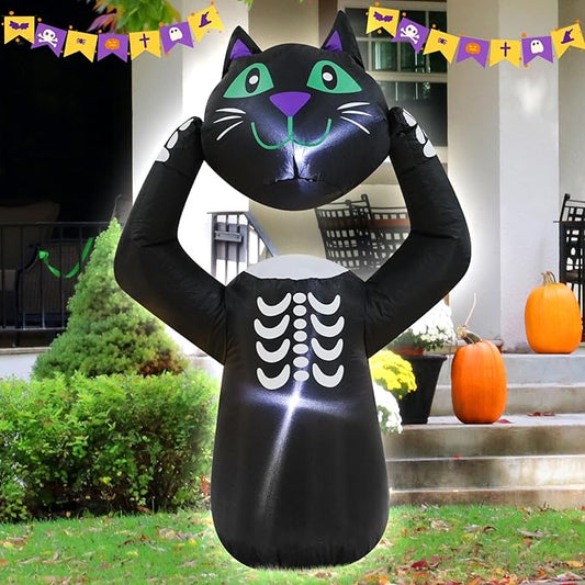 4FT Cat Holding Its Own Head Halloween Inflatable Decoration Blow Up Decor with LED Lights Indoor Outdoor Yard Graden Halloween Party Holiday Decoration