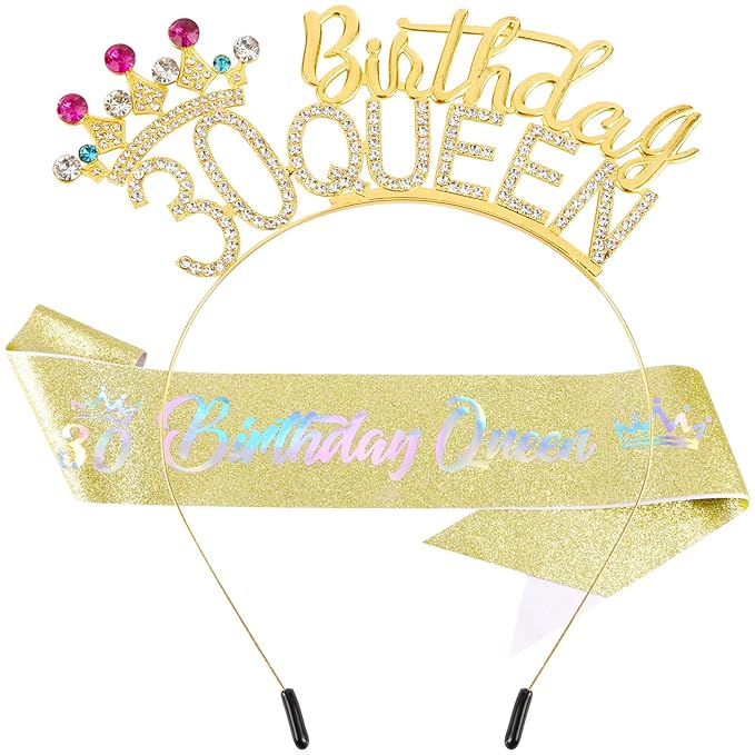 VELSCRUN 30th Birthday Queen Headband, Tiara Crown for Women, 30th Birthday Decorations for Her, Birth Queen Tiaras Crowns Sash for Women Mom Birth Party Decoration Hair Accessories Golden Yellow