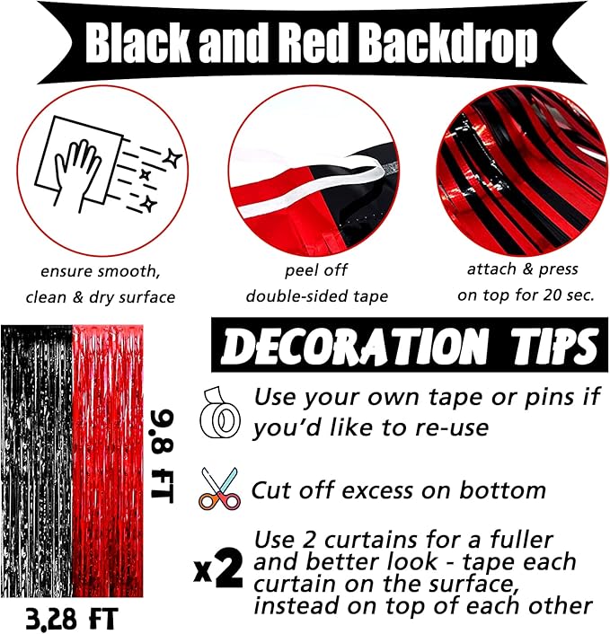 4 Pack 3.2Ft x 9.8Ft Black Red Fringe Curtain Backdrop, Metallic Tinsel Foil Fringe Streamers Curtains Background for Photo Booth Wedding Casino Viva Las Vegas Game Night Birthday Party Decorations