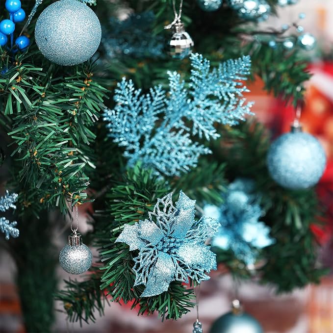 Sratte 94 Pcs Christmas Tree Decorations Set, Christmas Tree Ball Ornaments Glitter Poinsettia Flowers Decorations Glitter Berries Stems for Xmas Holiday Wedding(Blue)