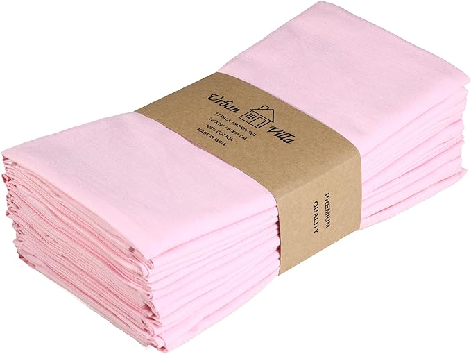 Urban Villa Easter Cloth Napkins 100% Cotton Slub Absorbent Dinner Napkins (Set of 12) Oversized 20x20 Inches Soild Pink Color Soft Durable Reusable Washable Ideal for Everyday Use Wedding Parties