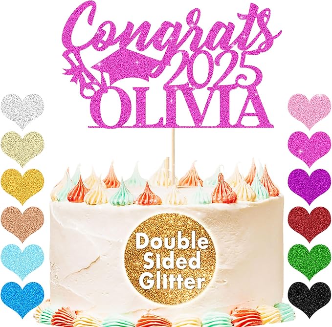 Personalized Cake Topper Custom Congrats Graduation Hat Student Class of 2025 Double Sided Glitter Card with Any Name (Pink)