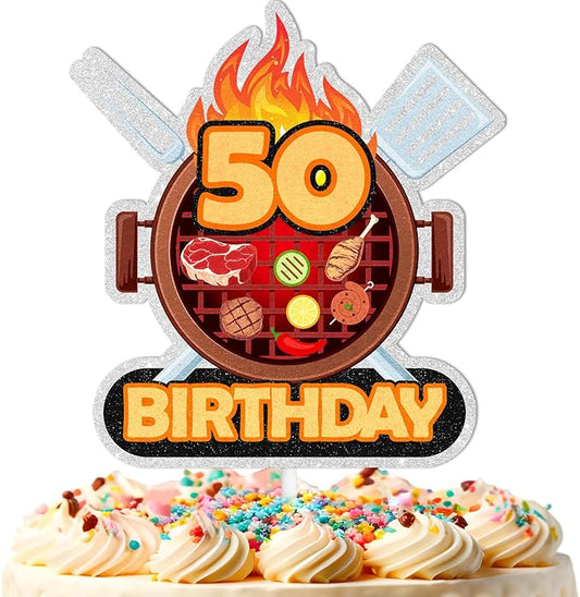 Barbecue Cake Topper 50th Birthday Happy BBQ Sausage Decorations for Men and Women Birthday Party, Summer Outdoor Picnic Party, Anniversary Friends Family Event Gathering Cooking Grill Decoration