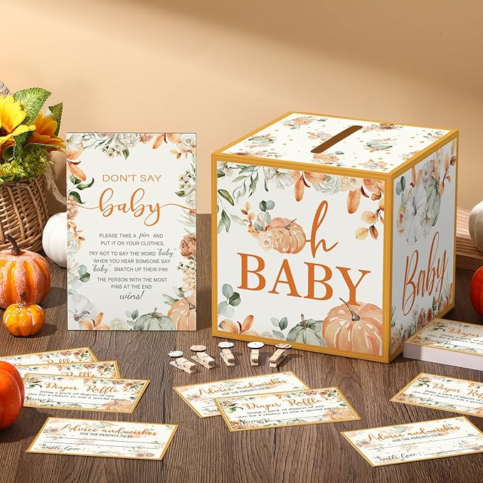 102 Pcs Baby Shower Game Supplies Diaper Raffle Tickets with Diaper Raffle Card Box Don't Say Baby Sign Mini Clothespin Shower Game Decor for Gender Reveal(Little Pumpkin)