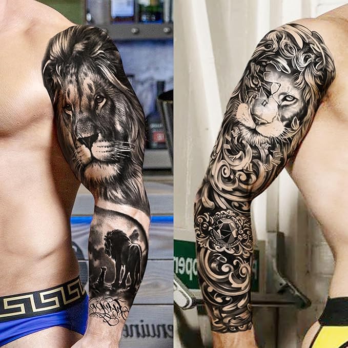 20 Sheets Cool Lion Full Arm Temporary Tattoos For Men Adults Thigh, Wolf Tiger Warrior Maori Totem Fake Sleeve Tattoos For Women, 3D Bulk Black Tribal Clock Halloween Tattoo Stickers