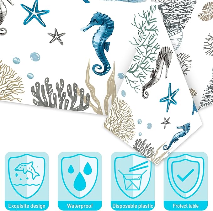 Ocean Seashell Party Decoration - Serves 24 - 112Pcs Nautical Coastal Beach Summer Party Supplies, Starfish Coral Disposable Plate Napkin Forks Tablecloth Banner Card, for Birthday Baby Shower