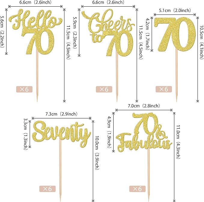 30PCS Happy 70th Birthday Cupcake Toppers Glitter Hello 70 Fabulous Seventy Cheers to 70 Years Old Birthday Cupcake Picks for Happy 70th Birthday Anniversary Party Cake Decorations Supplies Gold