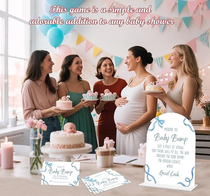 Baby Shower Games - Blue Bow Measure The Baby Bump Game, 1 Arch Acrylic Sign and 50 Guessing Cards, Gender Reveal Game, Blue Baby Shower Decoration Supplies (DP02)