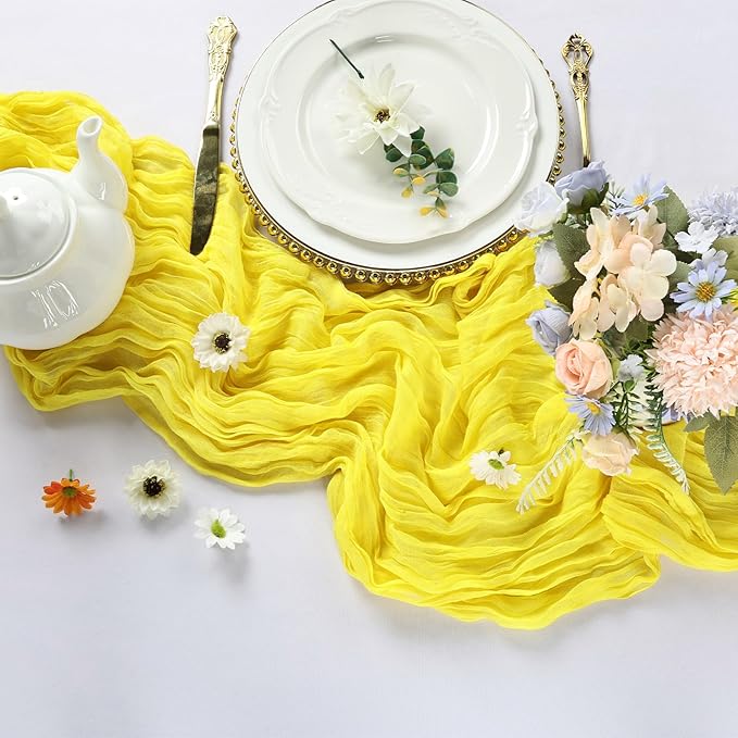 12 Pack Yellow Cheesecloth Table Runner 10FT Boho Cheese Cloths Gauze Fabric Table Runners 120 Inch Rustic Sheer for Wedding Birthday Party Baby Shower Centerpiece Home Decorations