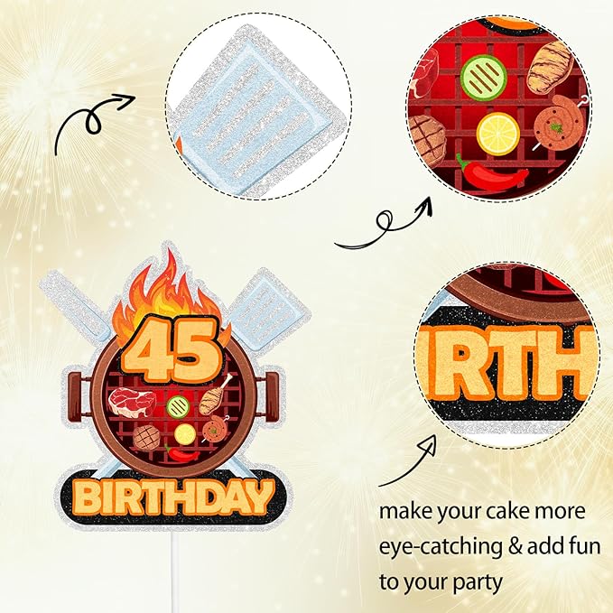 Barbecue Cake Topper 45th Birthday Happy BBQ Sausage Decorations for Men and Women Birthday Party, Summer Outdoor Picnic Party, Anniversary Friends Family Event Gathering Cooking Grill Decoration