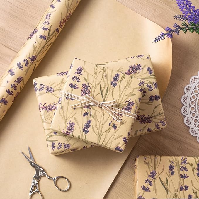 RUSPEPA Lavender Wrapping Paper Roll for Women, Delicate Floral Kraft Gift Wrap, Purple Lavender Design Perfect for Spring, Wedding, Mother's Day, Bridal Shower and Birthday, 17 Inches x 16.4 Feet