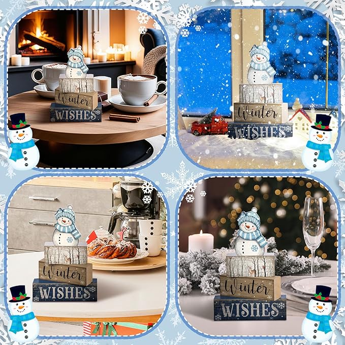 4 Pcs Snowman Christmas Decor Wooden Snowman Blue and White Winter Tiered Tray Decor Christmas Table Centerpiece Wooden Rustic Winter Block Sign Farmhouse for Home Kitchen Shelf Gift