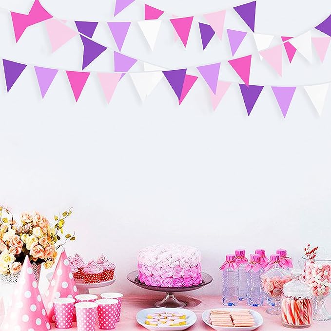 10M/32Ft Rose Pink Purple White Pennant Banner Fabric Triangle Flag Bunting Garland for Baby Shower Birthday Wedding Anniversary Party Home Nursery Outdoor Garden Hanging Festivals Decorations