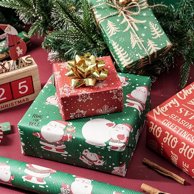 RUSPEPA Kraft Wrapping Paper Rolls - 17 inches x 10 feet per Roll, Total of 4 Rolls, Santa Claus, Snowflake and Christmas Tree Design