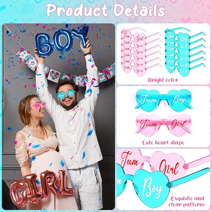 Pibupibu 24 Pcs Gender Reveal Glasses Blue Pink Sunglasses Bulk Team Girl or Boy for Gender Reveal Decor Glasses Party Favors