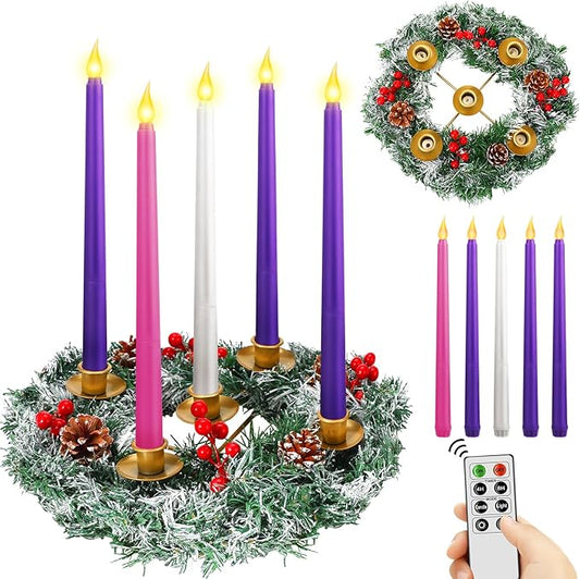 Tioncy 12 Inch Christmas Advent Wreath Candle Holder with 5 Flameless Candles Remote Control Wreaths Holder Centerpiece Decoration with Berries(Snowy Cedar Pine,11 x 0.8 x 0.8 in)