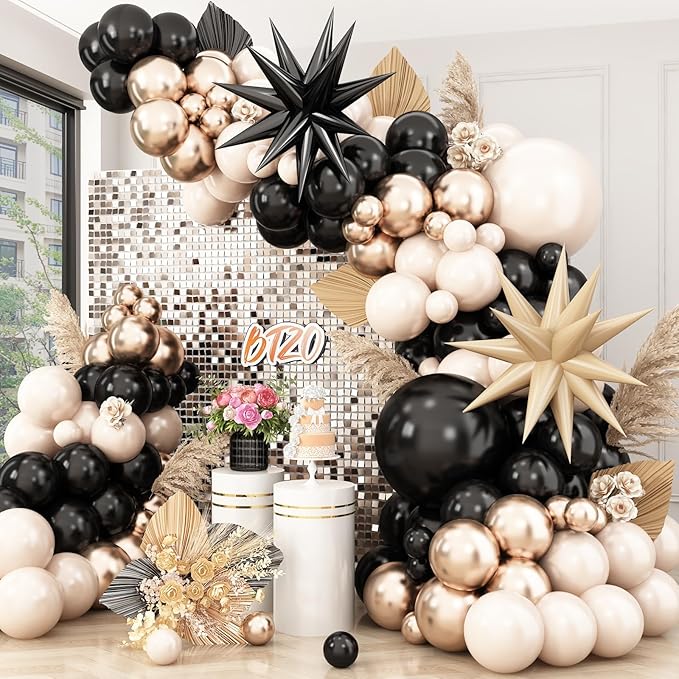 Black Gold Balloon Arch Kit,Sand White Balloon Garland with Star Foil Balloons Metallic Champagne Gold Balloons for Birthday Baby Showers Boho Wedding Party Decorations