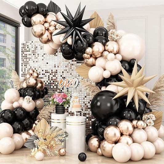 Black Gold Balloon Arch Kit,Sand White Balloon Garland with Star Foil Balloons Metallic Champagne Gold Balloons for Birthday Baby Showers Boho Wedding Party Decorations