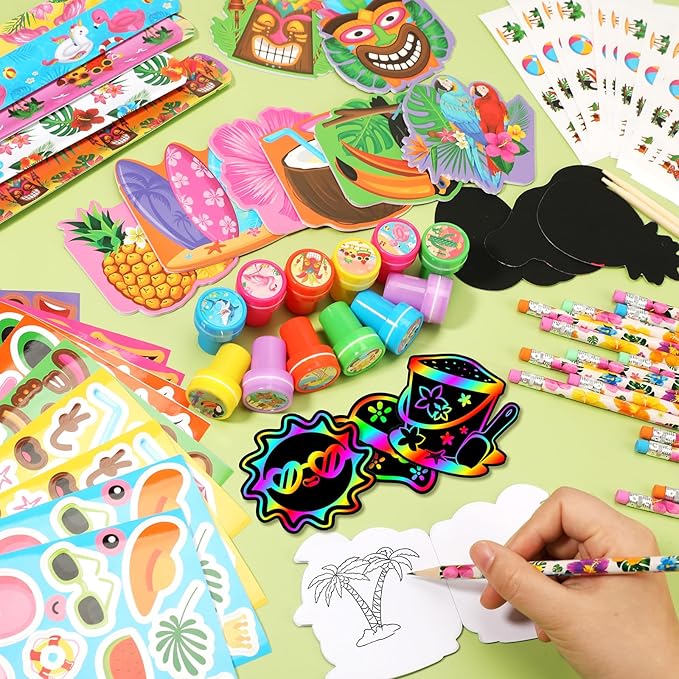 BenLouis 216Pcs Hawaiian Luau Party Favors Aloha Summer Tropical Tiki Theme School Stationery Set Bulk for Kids Beach Pool Birthday Party Goodie Bag Stuffers Classroom Gifts Rewards Pinata Filler
