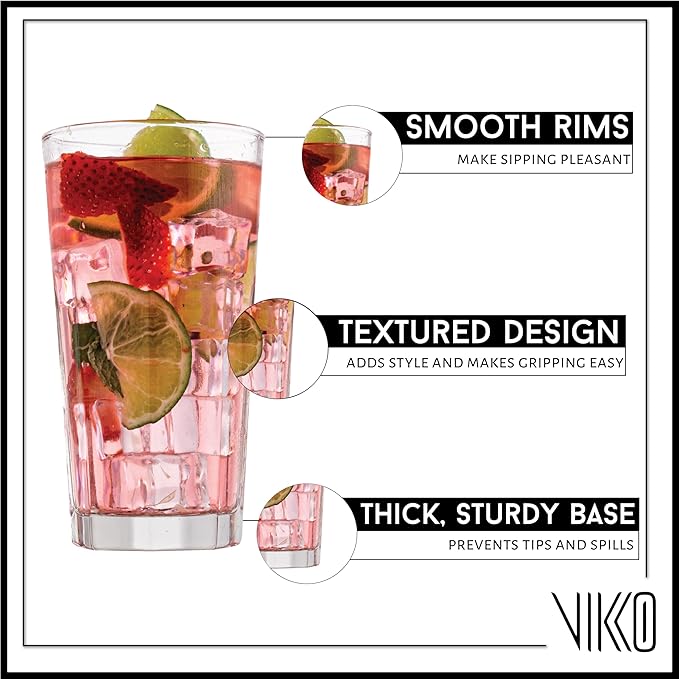 Vikko Drinking Glasses, 11 Ounce Large Glass Cups, Durable Glasses Set of 12, Stackable Water Glass, Highball Heavy Base Tumblers, Dishwasher Safe